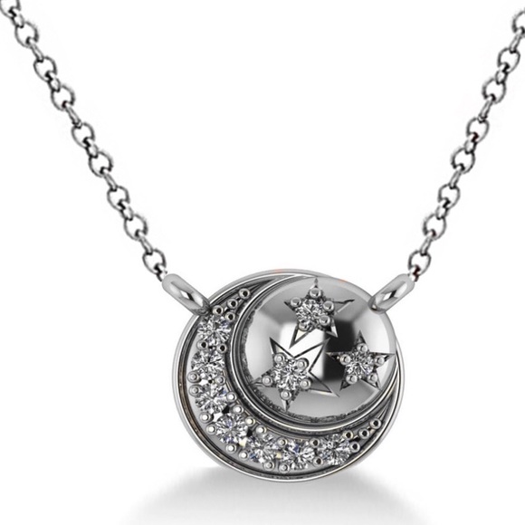 NEW Moon/Stars Necklace, 14k White Gold & Diamonds - Picture 1 of 4